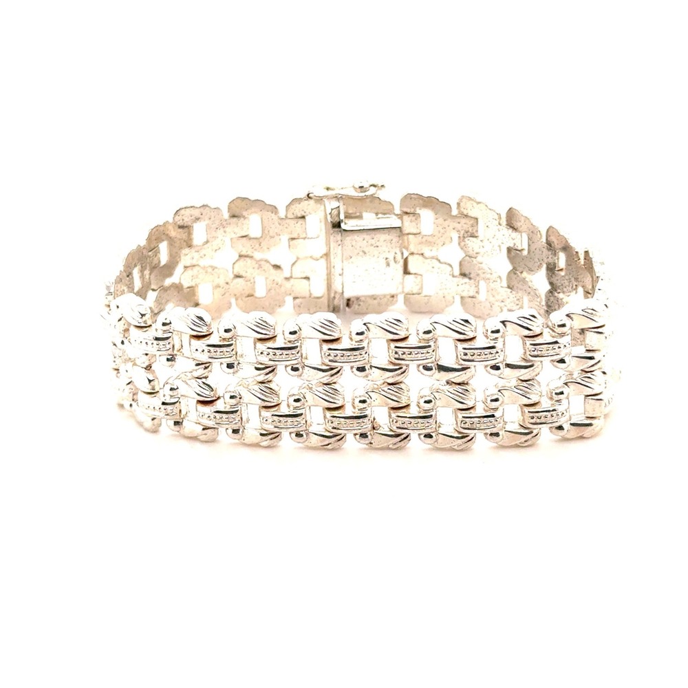 Vintage Sterling Silver 925 Double Row Gate Link Bracelet 7.25in Wide Textured